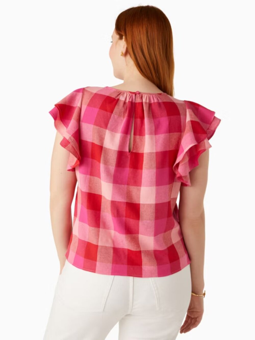 Kate Spade Pink & Red Gingham Ruffle Blouse Short Sleeve Top Linen Viscose - Picture 3 of 16